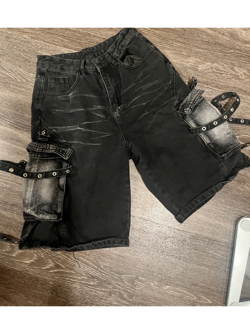 Black and grey knee length jean shorts